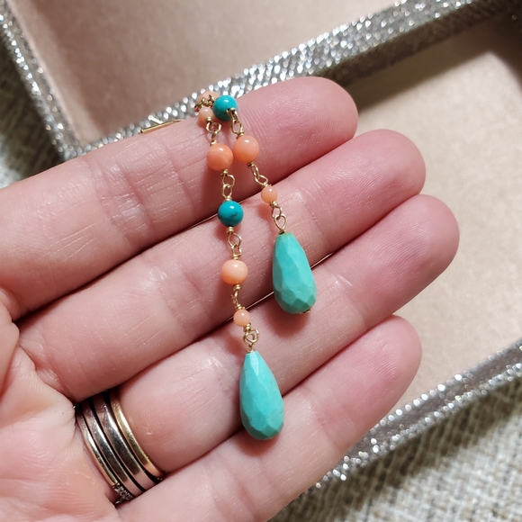 14k Gold Turquoise and Coral Earrings - Picture 4 of 6